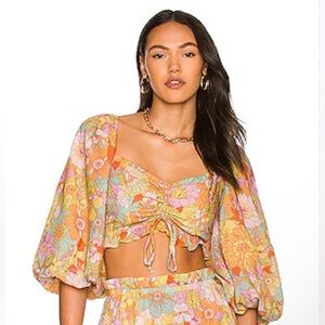 Show Me Your MuMu Jenna Multicolor Floral Cropped Cinched Blouse Small NWT